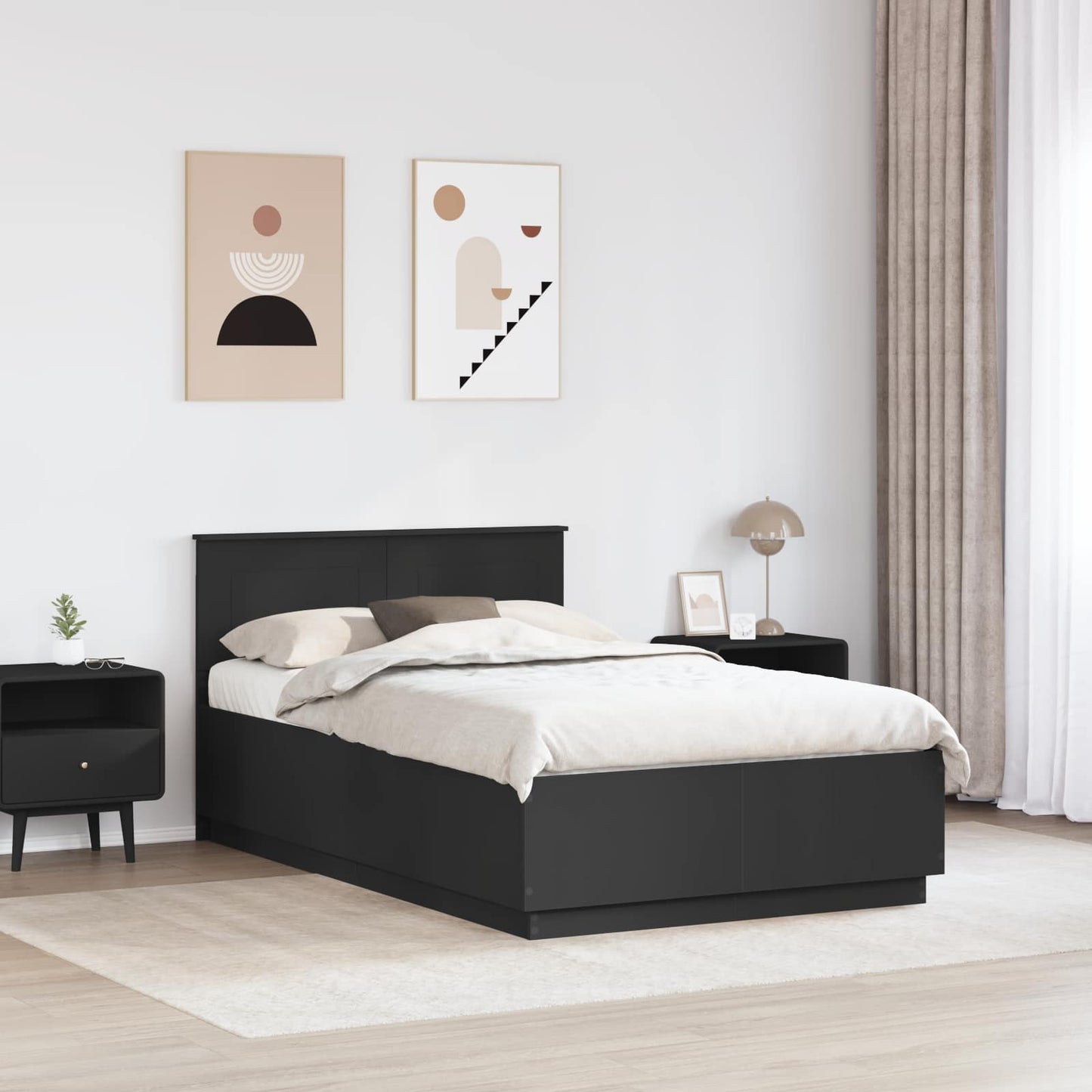 vidaXL Bed Frame with Headboard Black 135 x 190 cm Engineered Wood