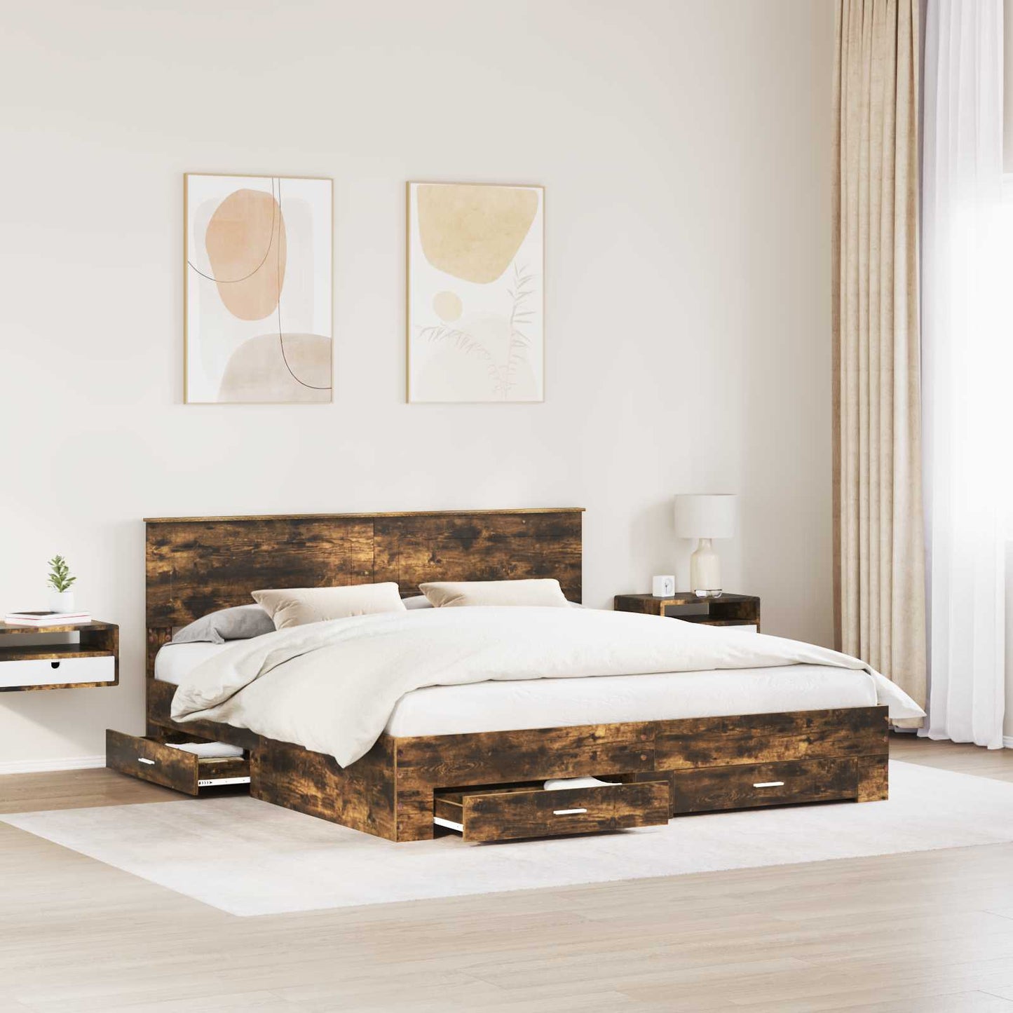 vidaXL Bed Frame with Drawer Smoked Oak 200 x 200 cm Engineered Wood