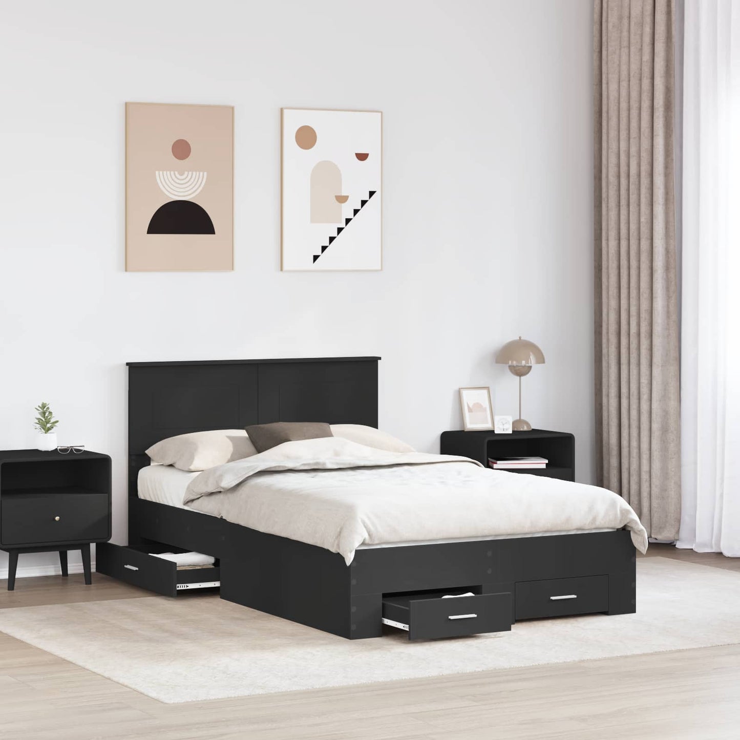 vidaXL Bed Frame with Headboard Black 135 x 190 cm Engineered Wood