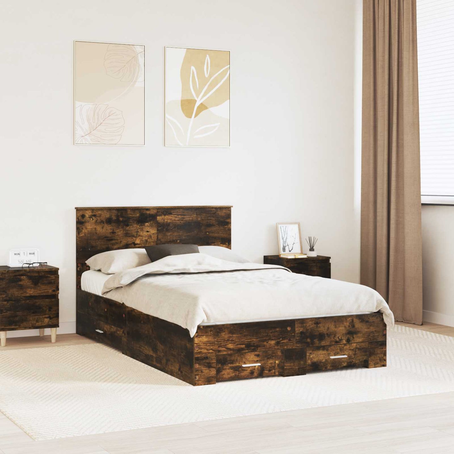 vidaXL Bed Frame with Drawer Smoked Oak 135 x 190 cm Engineered Wood
