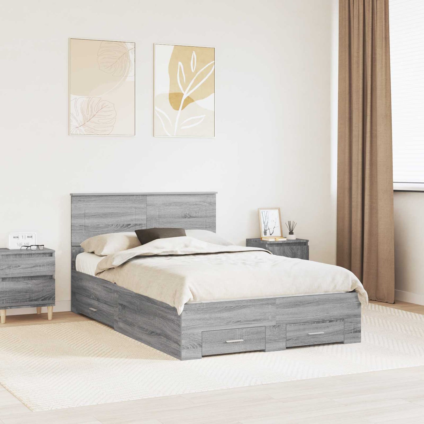vidaXL Bed Frame with Drawer Grey Sonoma 135 x 190 cm Engineered Wood