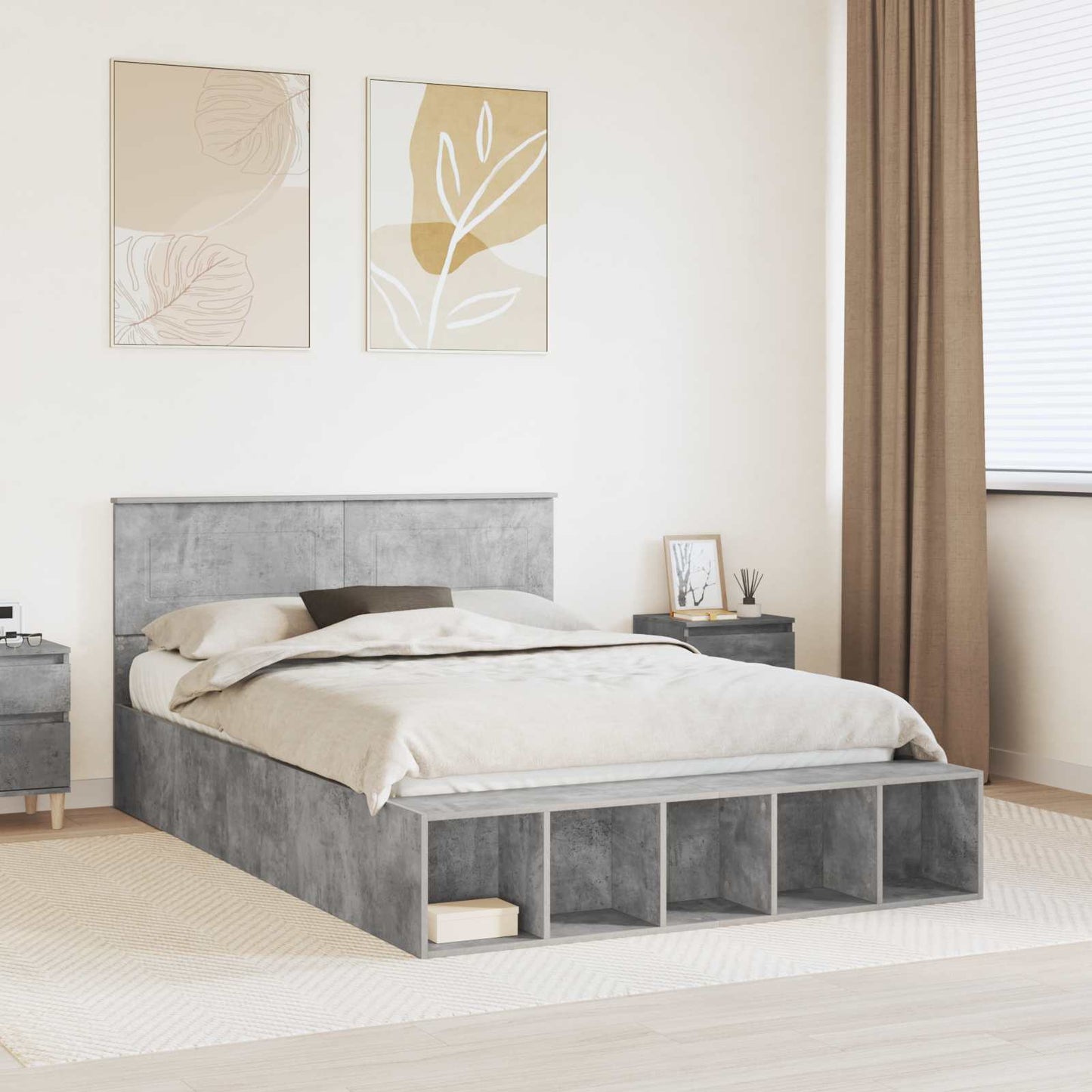 vidaXL Bed Frame with Shelf Concrete Grey 150 x 200 cm Engineered Wood