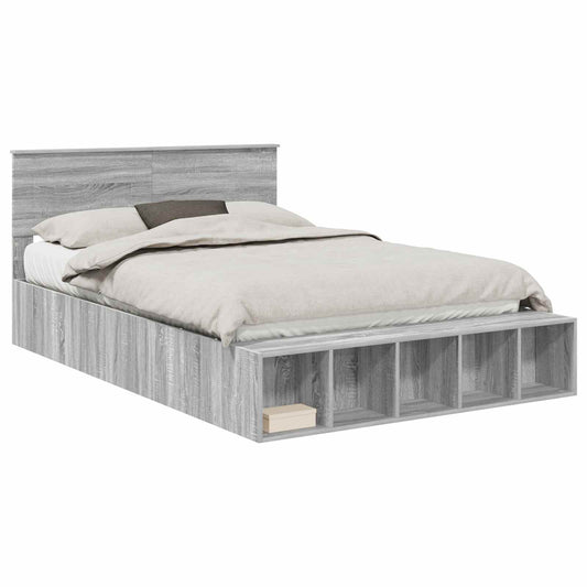 vidaXL Bed Frame with Shelf Grey Sonoma 150 x 200 cm Engineered Wood