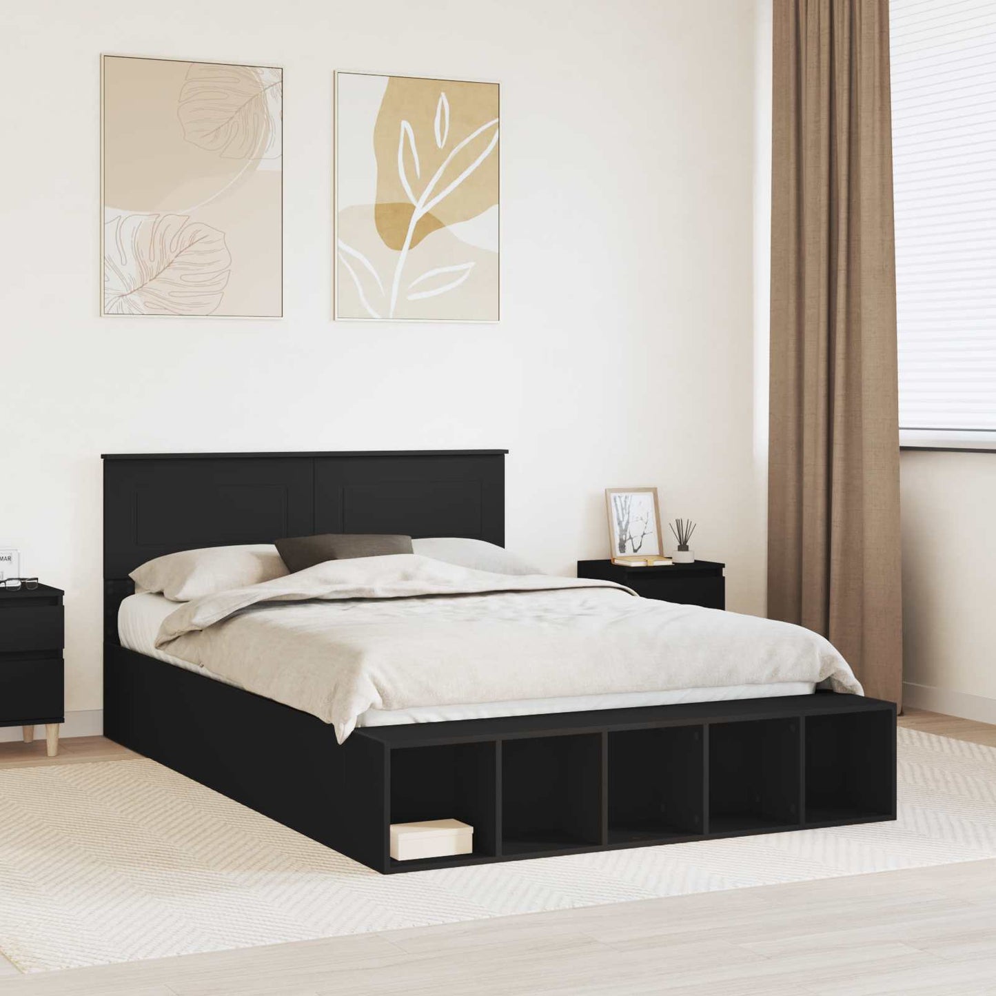 vidaXL Bed Frame with Shelf Manual Black 140 x 200 cm Engineered Wood