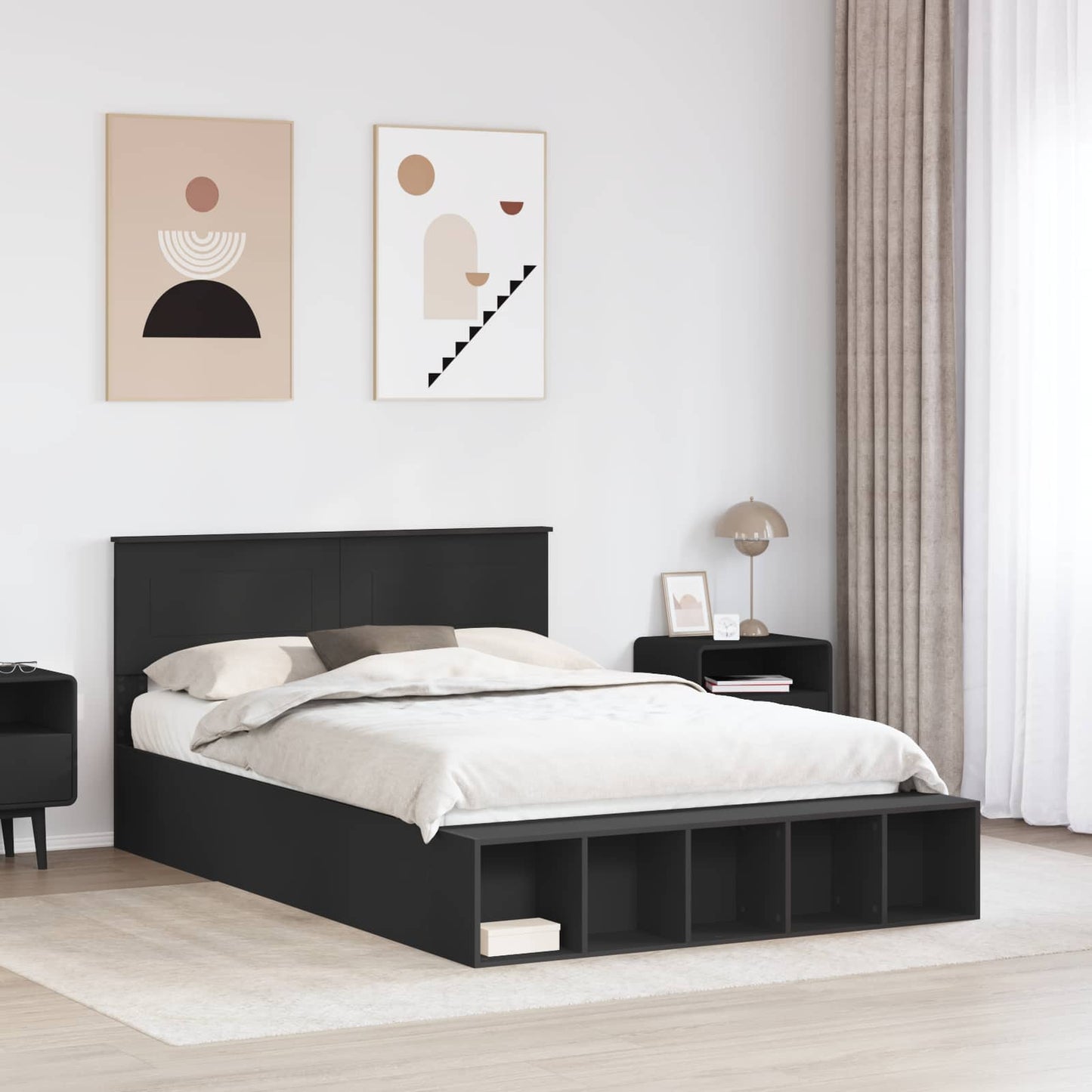 vidaXL Bed Frame with Shelf Manual Black 140 x 200 cm Engineered Wood