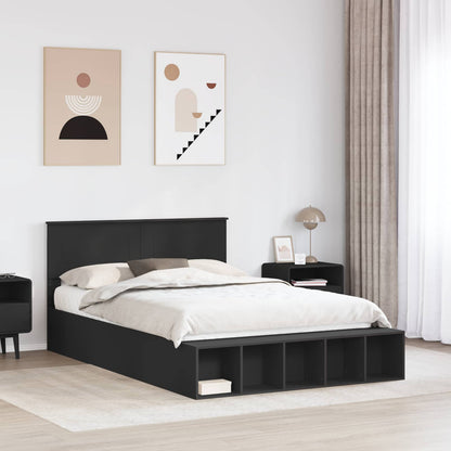 vidaXL Bed Frame with Shelf Manual Black 140 x 200 cm Engineered Wood