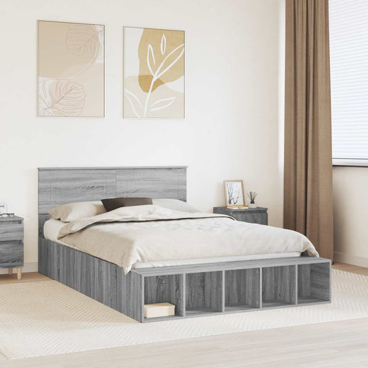 vidaXL Bed Frame with Shelf Grey Sonoma 140 x 200 cm Engineered Wood