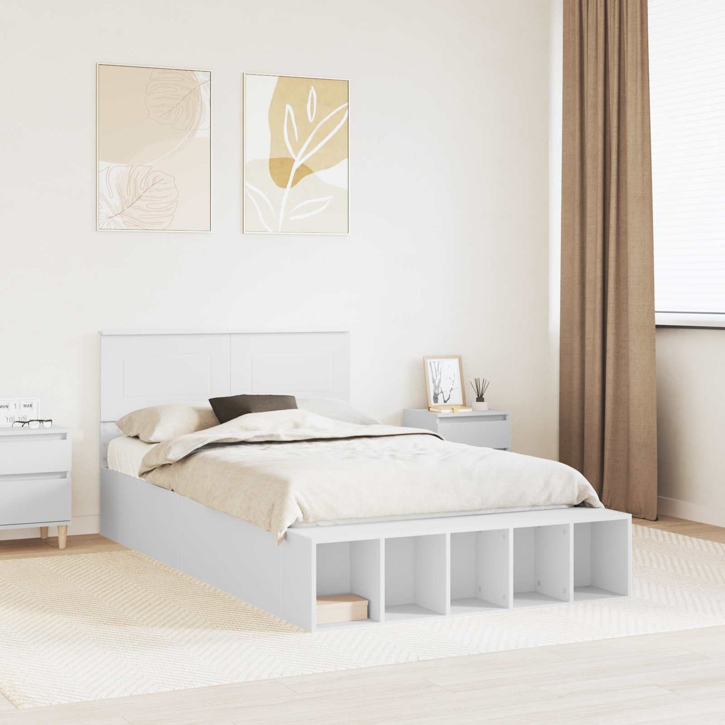 vidaXL Bed Frame with Shelf Manual White 135 x 190 cm Engineered Wood