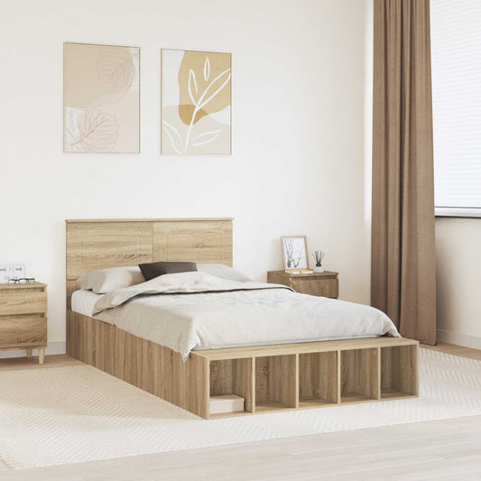 vidaXL Bed Frame with Shelf Sonoma Oak 135 x 190 cm Engineered Wood