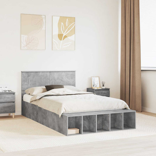 vidaXL Bed Frame with Shelf Concrete Grey 135 x 190 cm Engineered Wood