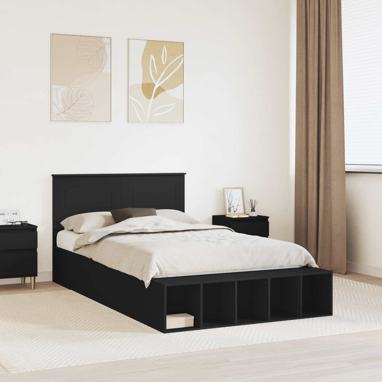 vidaXL Bed Frame with Shelf Manual Black 120 x 190 cm Engineered Wood