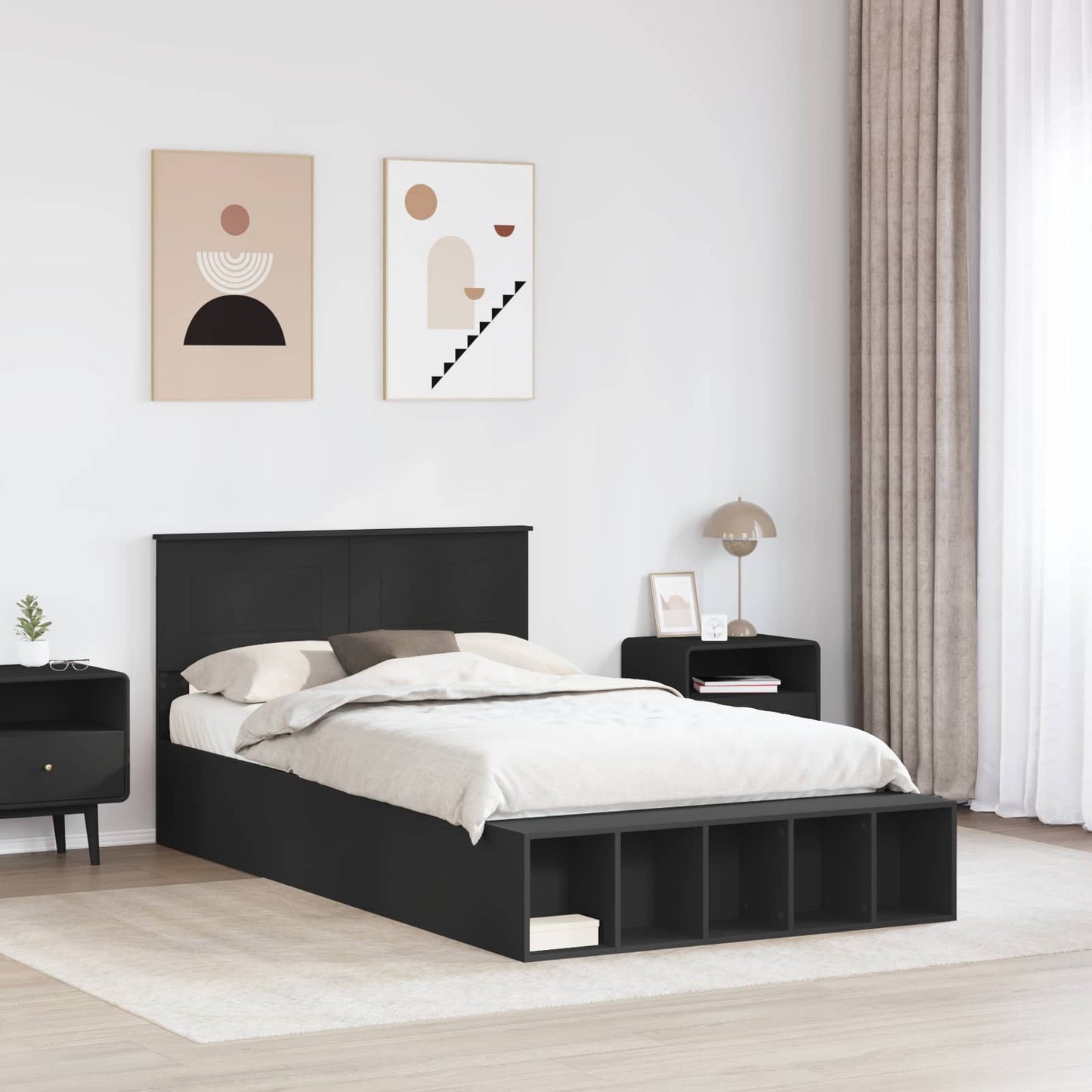vidaXL Bed Frame with Shelf Manual Black 120 x 190 cm Engineered Wood