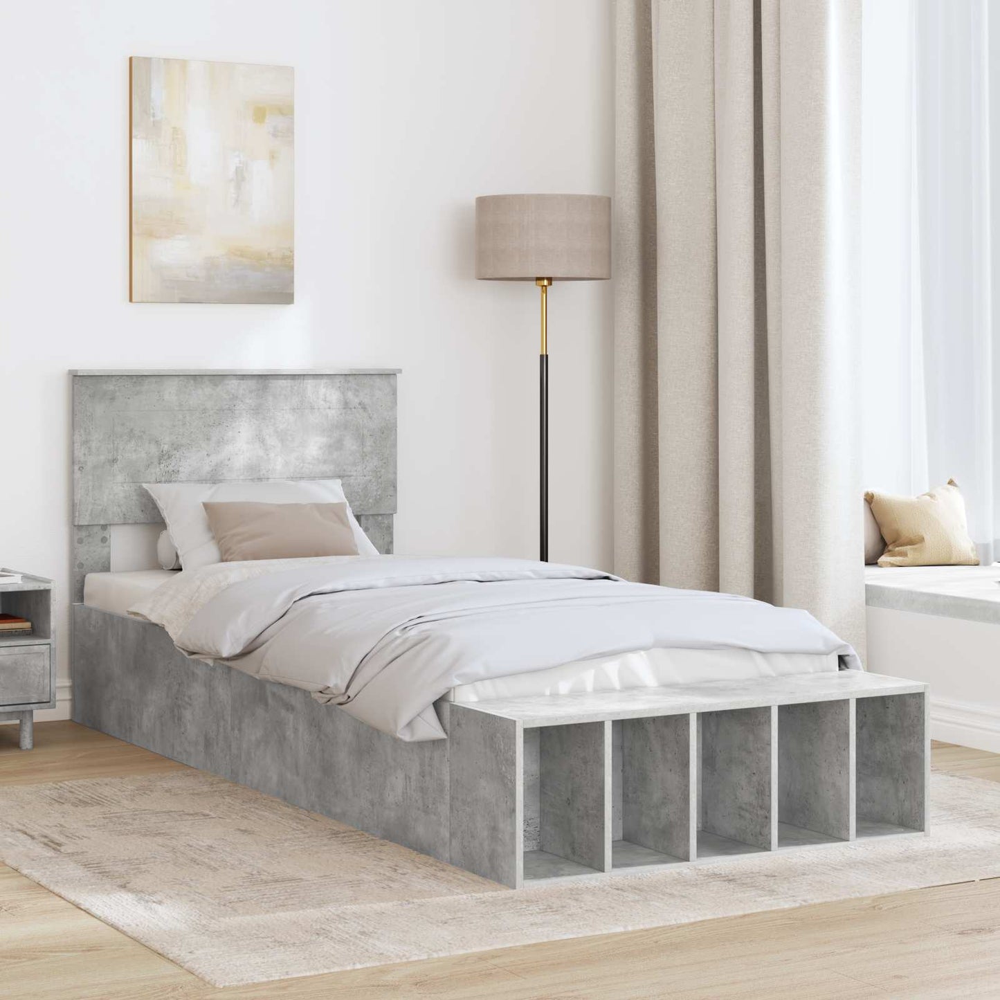 vidaXL Bed Frame with Shelf Concrete Grey 90 x 200 cm Engineered Wood