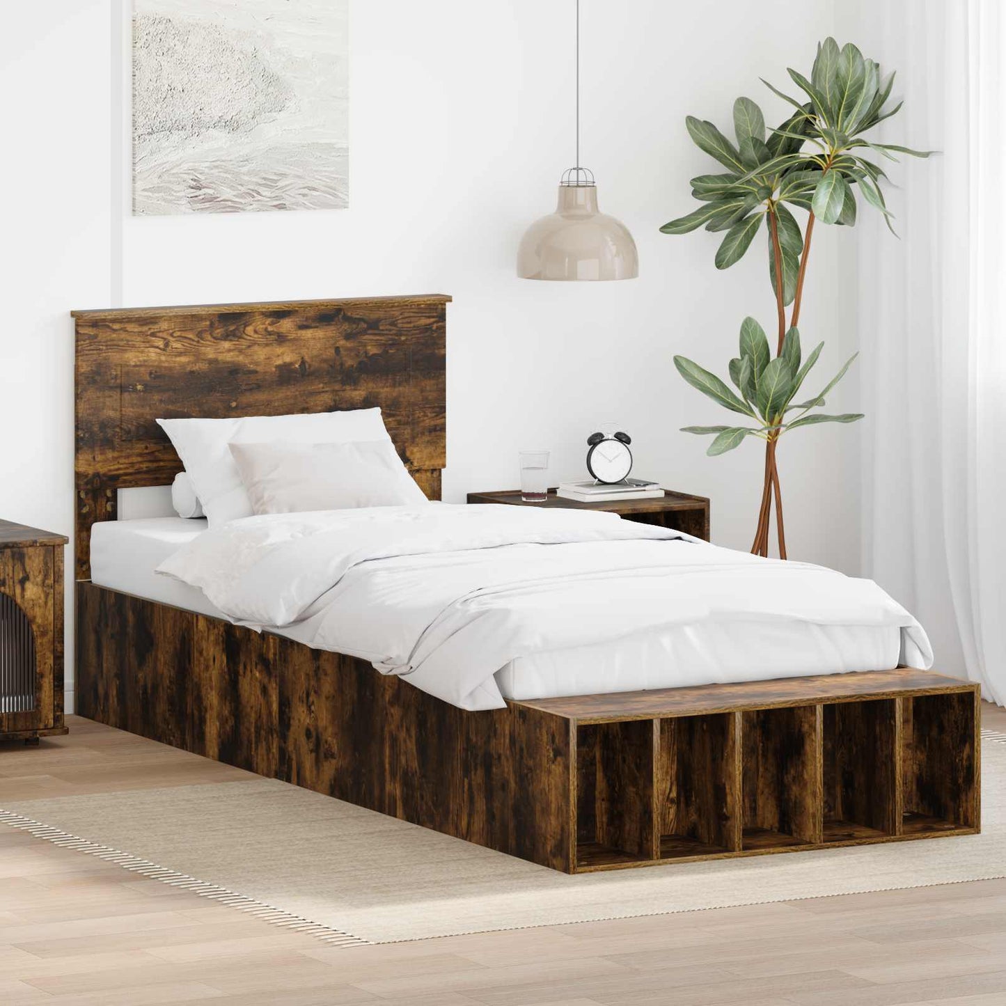 vidaXL Bed Frame with Shelf Smoked Oak 100 x 200 cm Engineered Wood