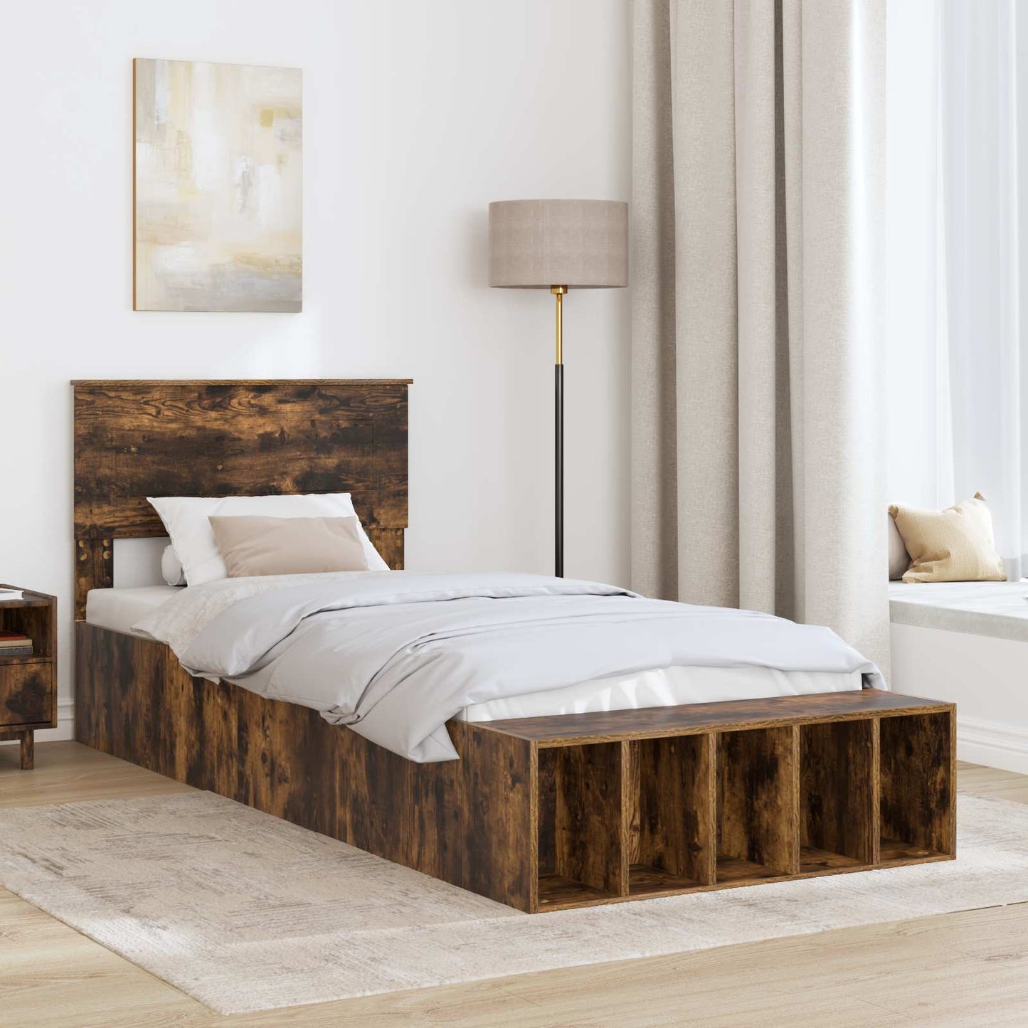 vidaXL Bed Frame with Shelf Smoked Oak 100 x 200 cm Engineered Wood
