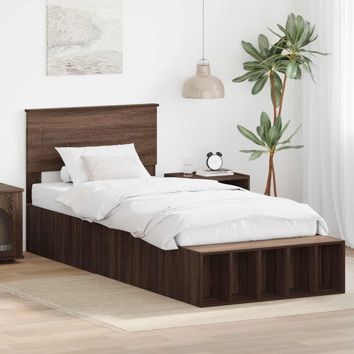 vidaXL Bed Frame with Shelf Brown Oak 90 x 200 cm Engineered Wood