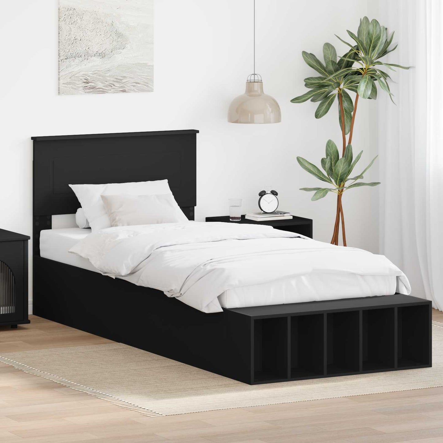 vidaXL Bed Frame with Shelf Manual Black 75 x 190 cm Engineered Wood