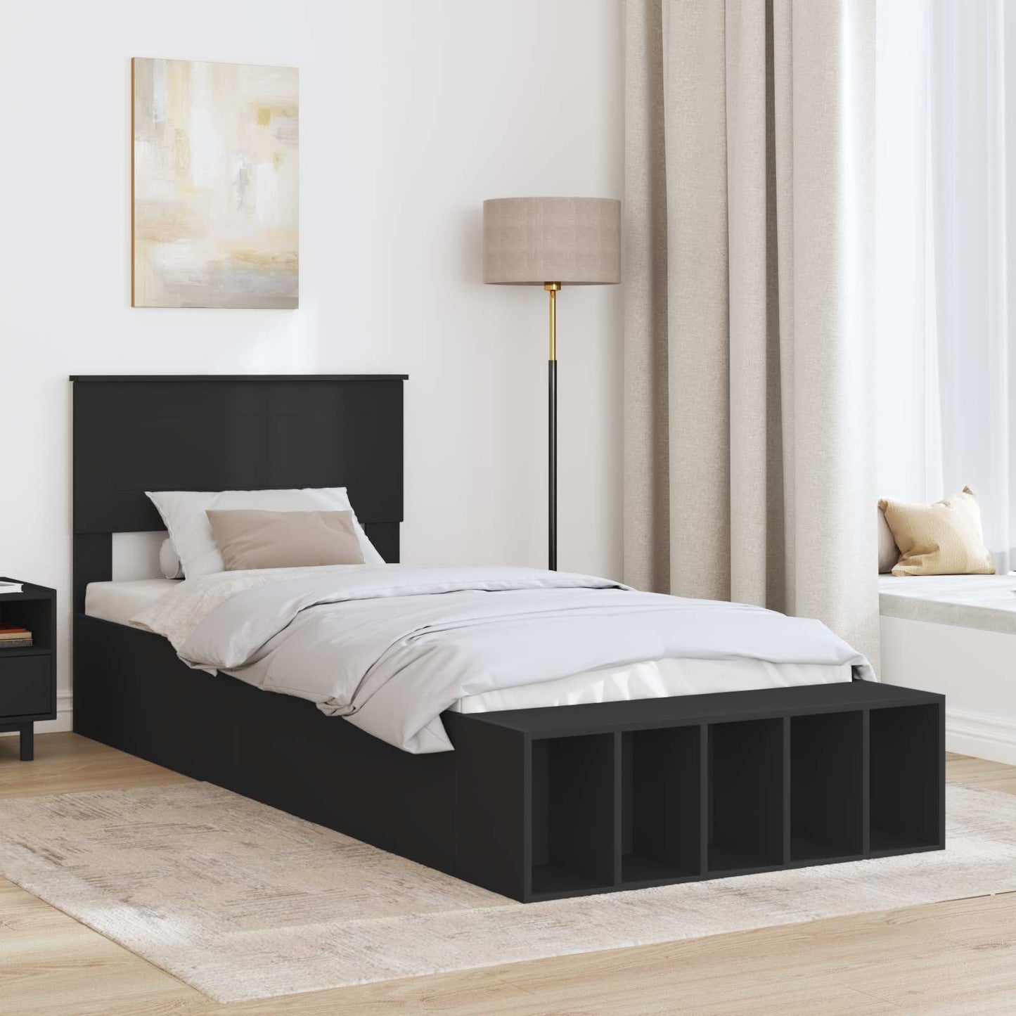 vidaXL Bed Frame with Shelf Manual Black 75 x 190 cm Engineered Wood