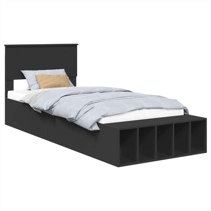 vidaXL Bed Frame with Shelf Manual Black 75 x 190 cm Engineered Wood