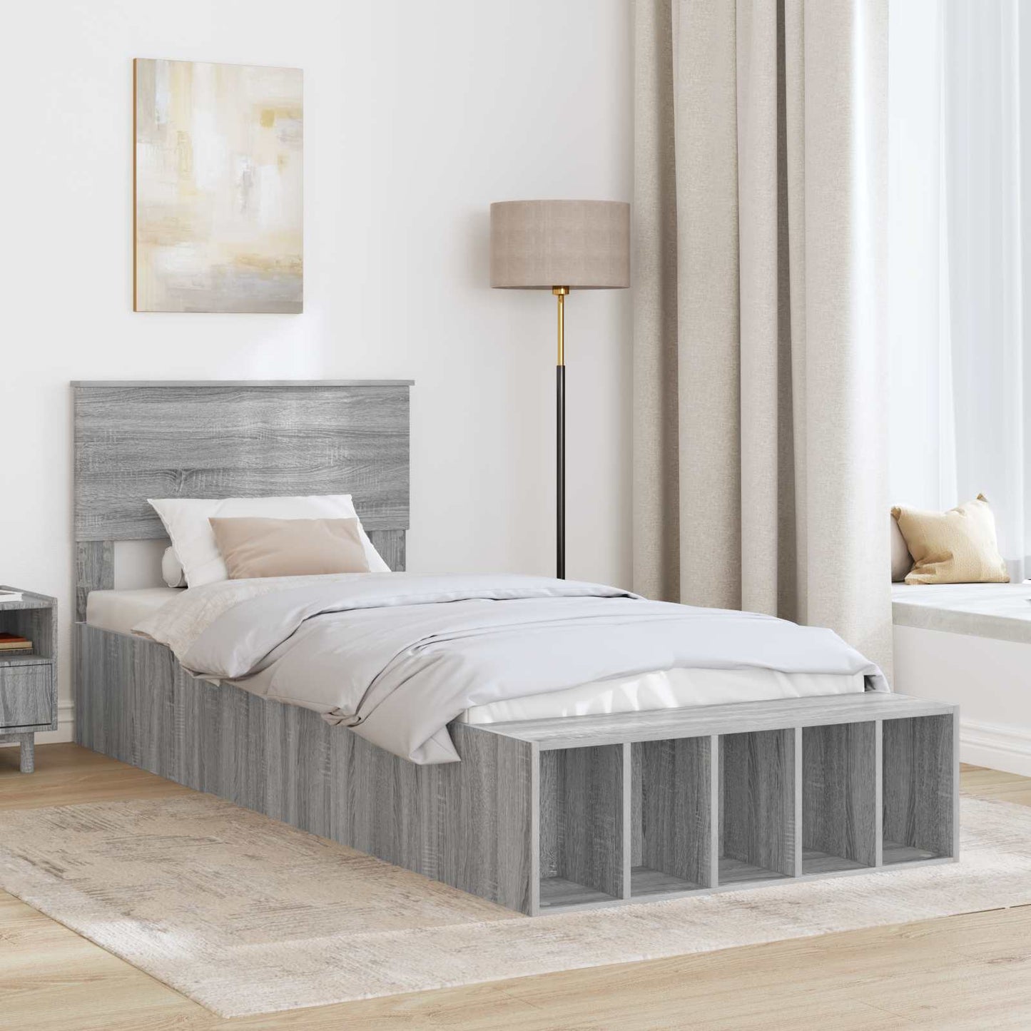 vidaXL Bed Frame with Shelf Grey Sonoma 75 x 190 cm Engineered Wood