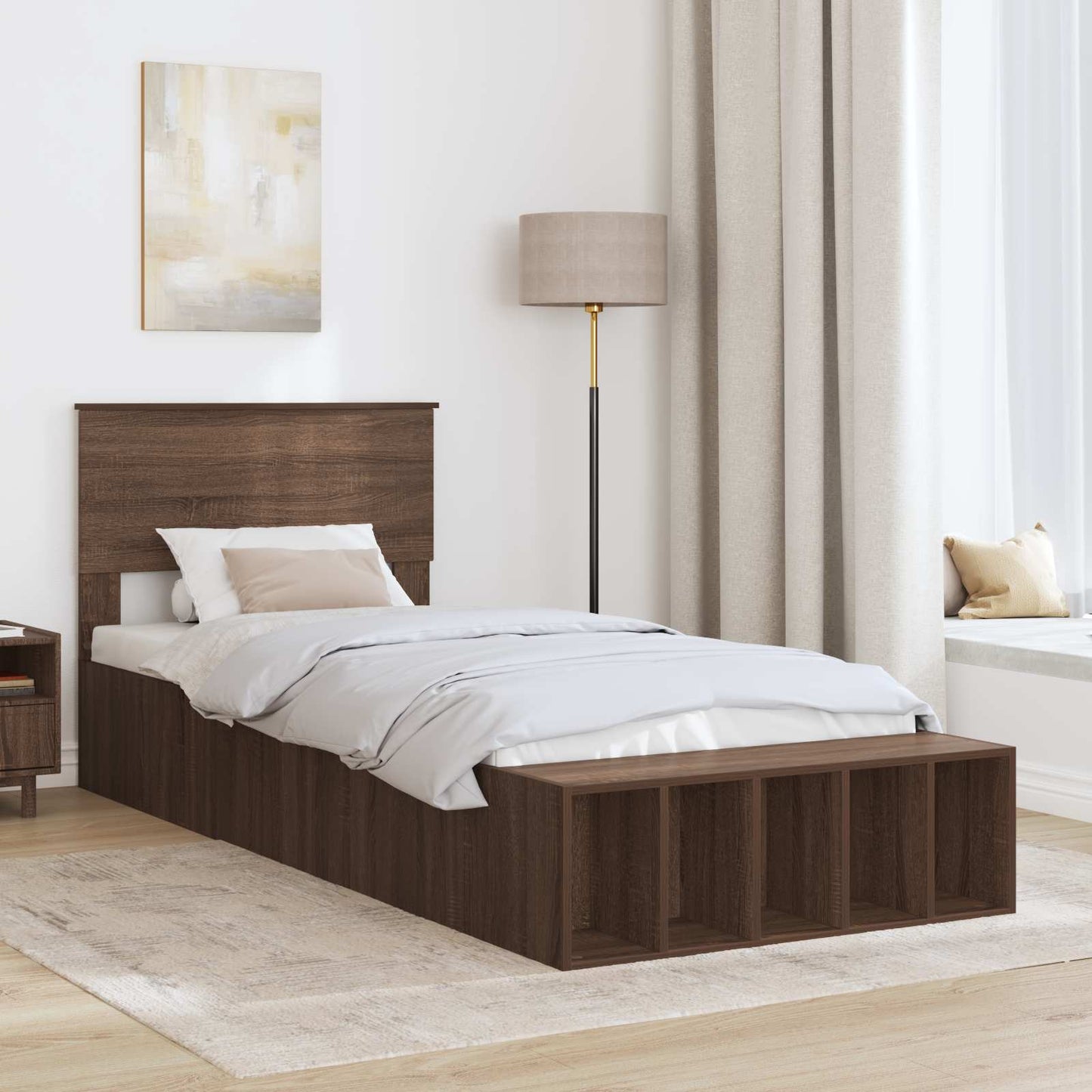 vidaXL Bed Frame with Shelf Brown Oak 75 x 190 cm Engineered Wood