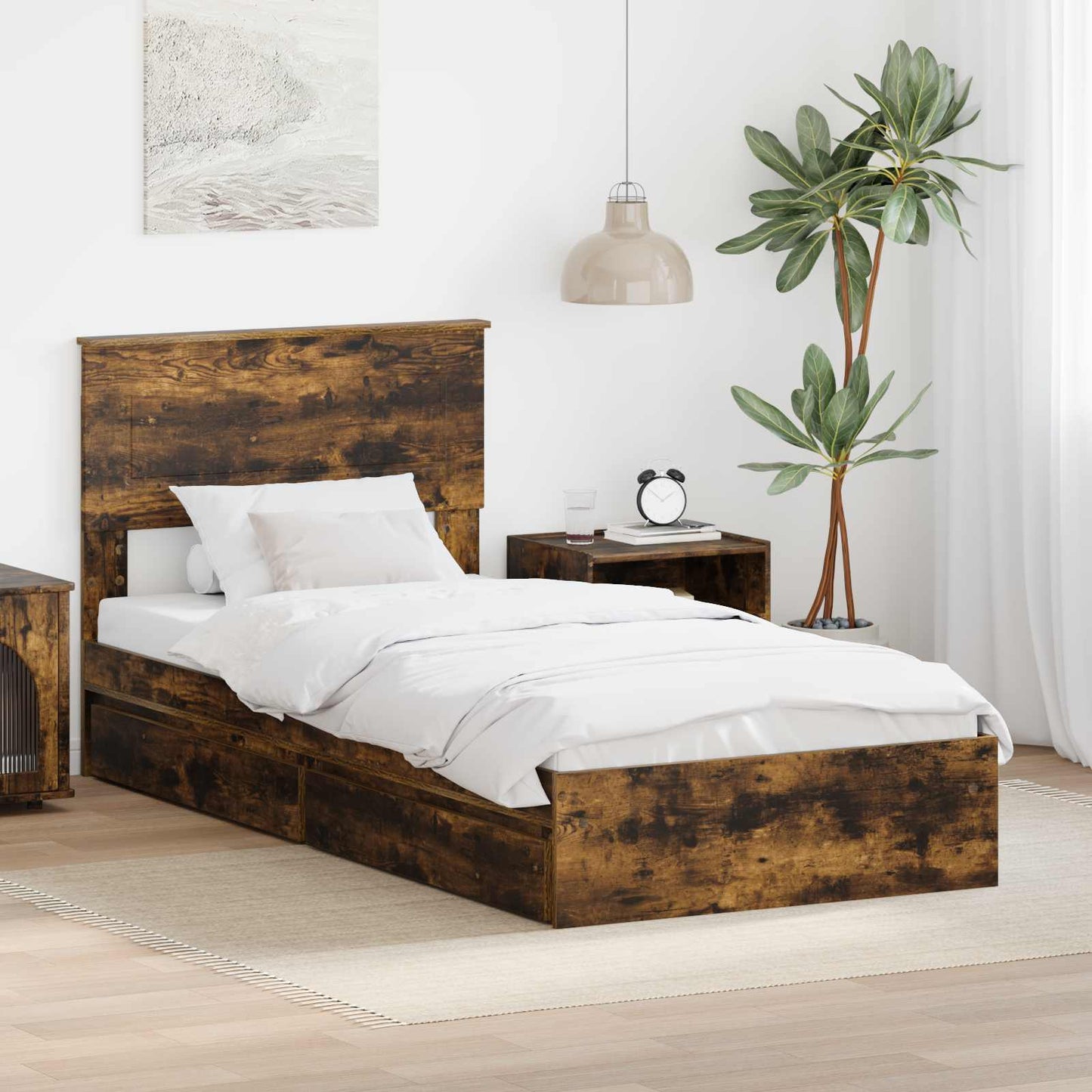 vidaXL Storage Bed with Drawer Smoked Oak 100 x 200 cm Engineered Wood