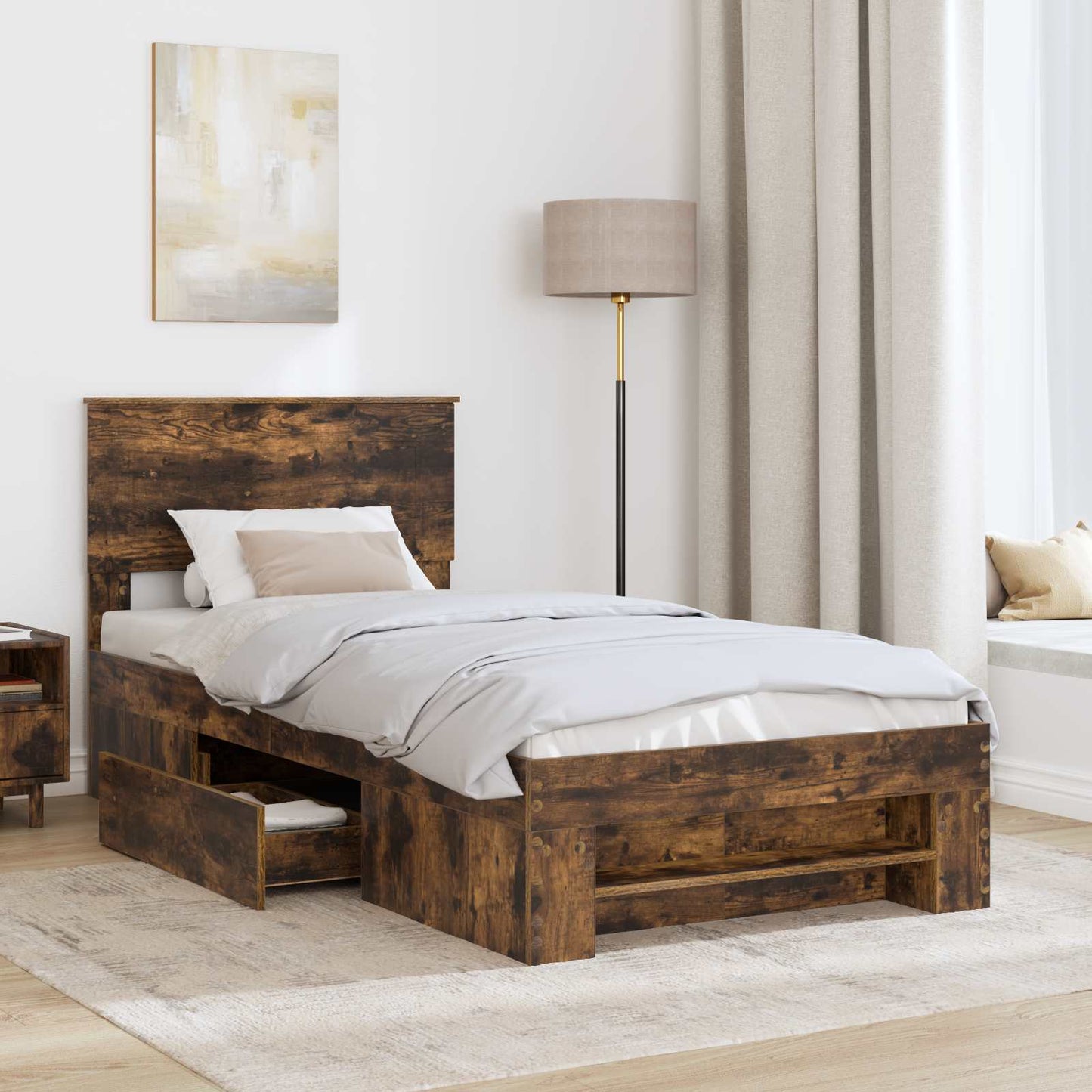 vidaXL Bed Frame with Headboard Smoked Oak 100 x 200 m Engineered Wood