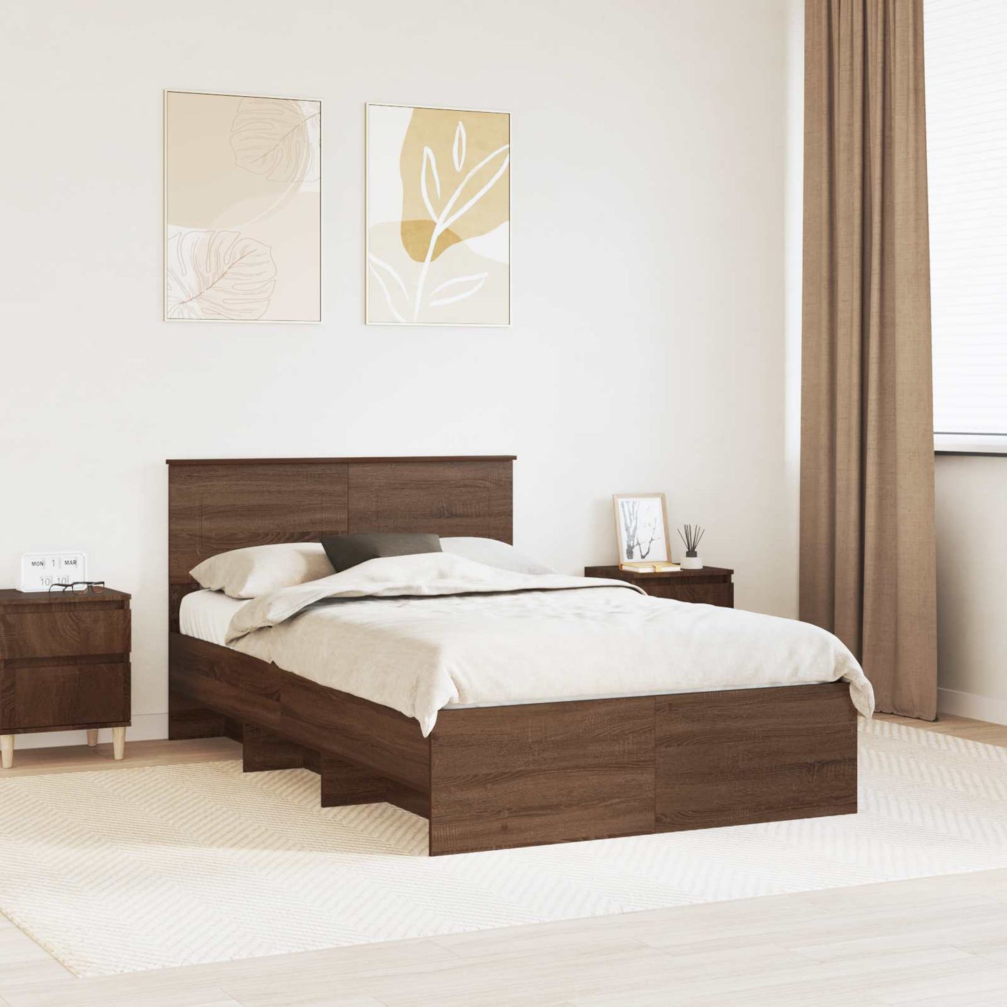vidaXL Bed Frame with Headboard Brown Oak 137 x 203 cm Engineered Wood