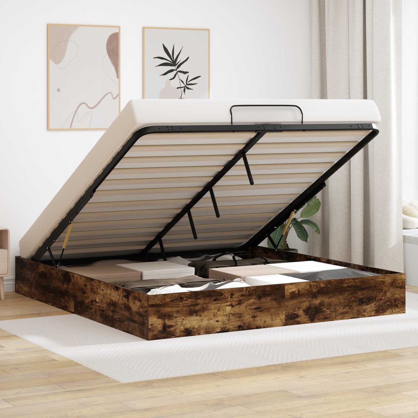 vidaXL Ottoman Bed Frame Smoked Oak 203 x 180 x 25 cm Engineered Wood