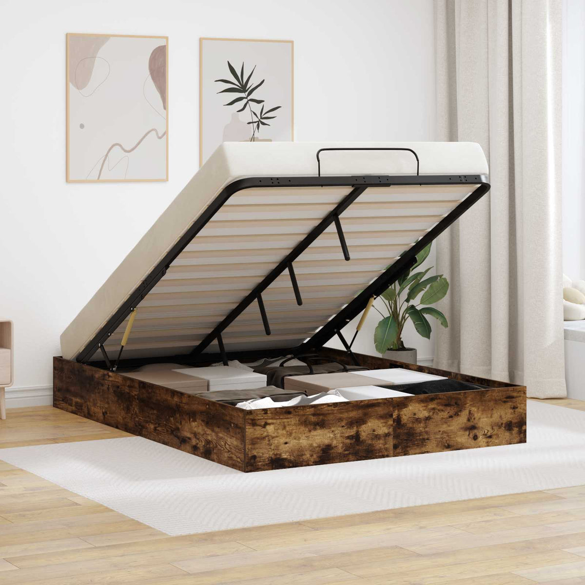 vidaXL Ottoman Bed Frame Smoked Oak 140 x 200 cm Engineered Wood