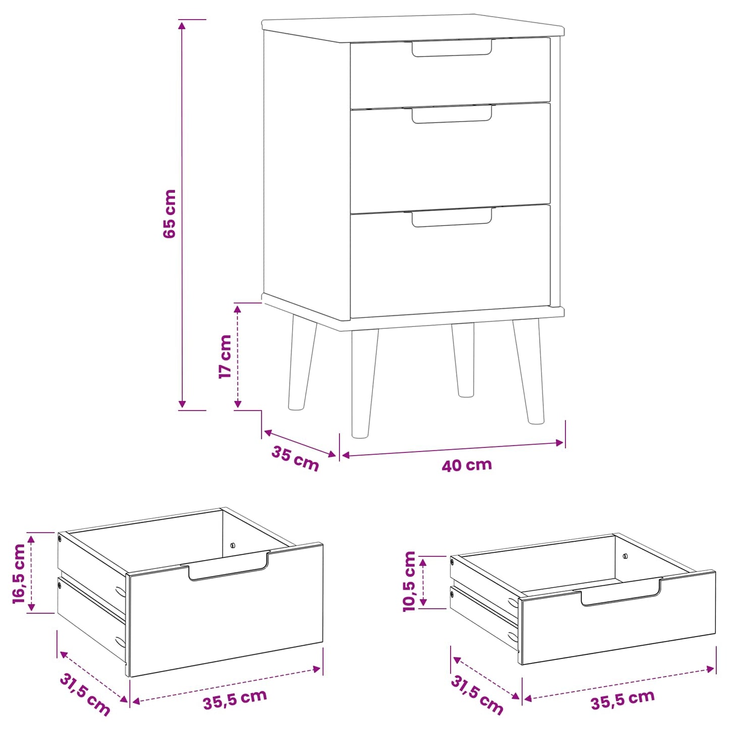vidaXL Bedside Cabinet MOLDE Black 40 x 35 x 65 cm Solid Pine Wood