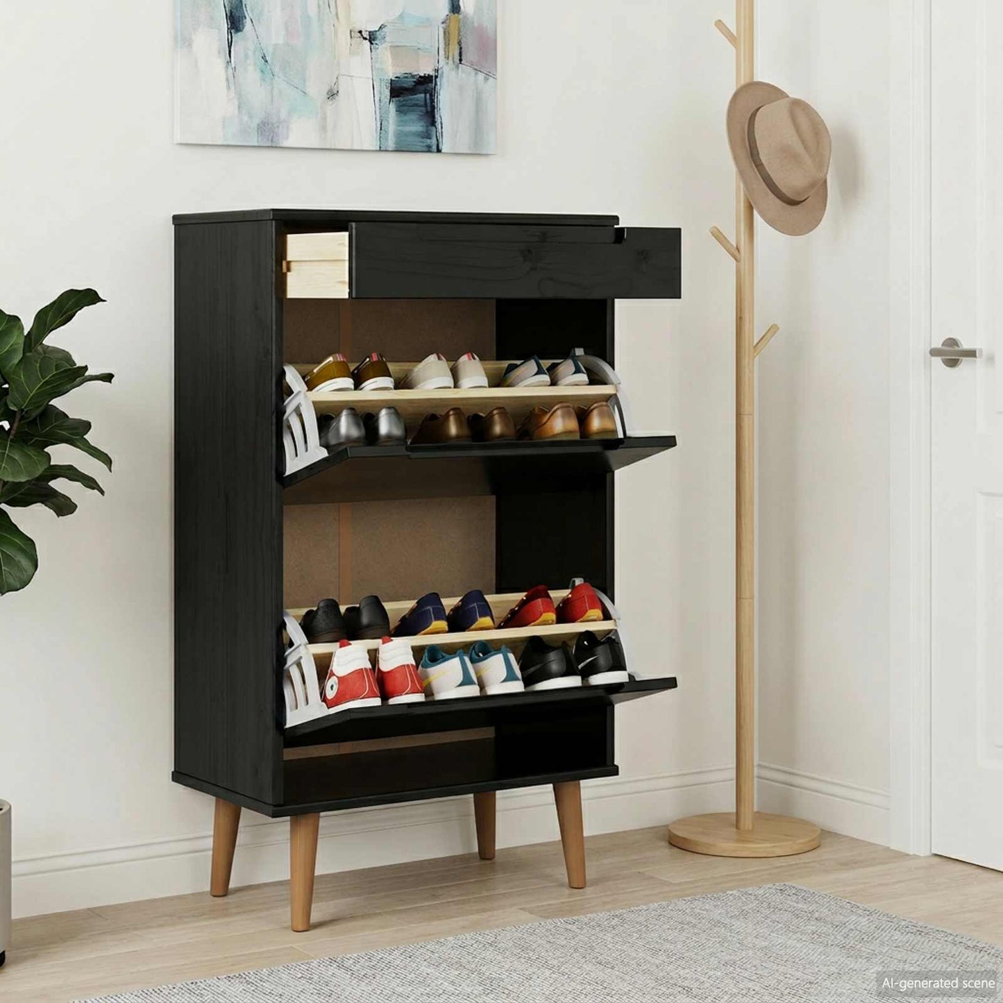vidaXL Shoe Cabinet MOLDE 59.5 x 35 x 103 cm Solid Pine Wood Black