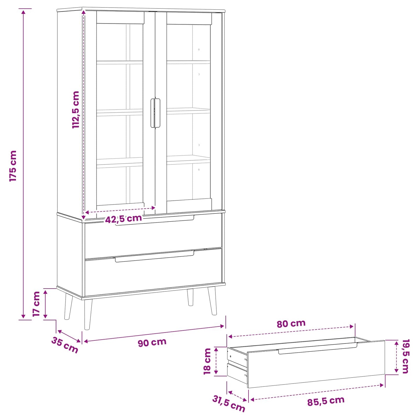 vidaXL Glass Display Cabinet MOLDE 90 x 35 x 175 cm Solid Pine Wood