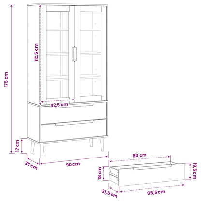 vidaXL Glass Display Cabinet MOLDE 90 x 35 x 175 cm Solid Pine Wood