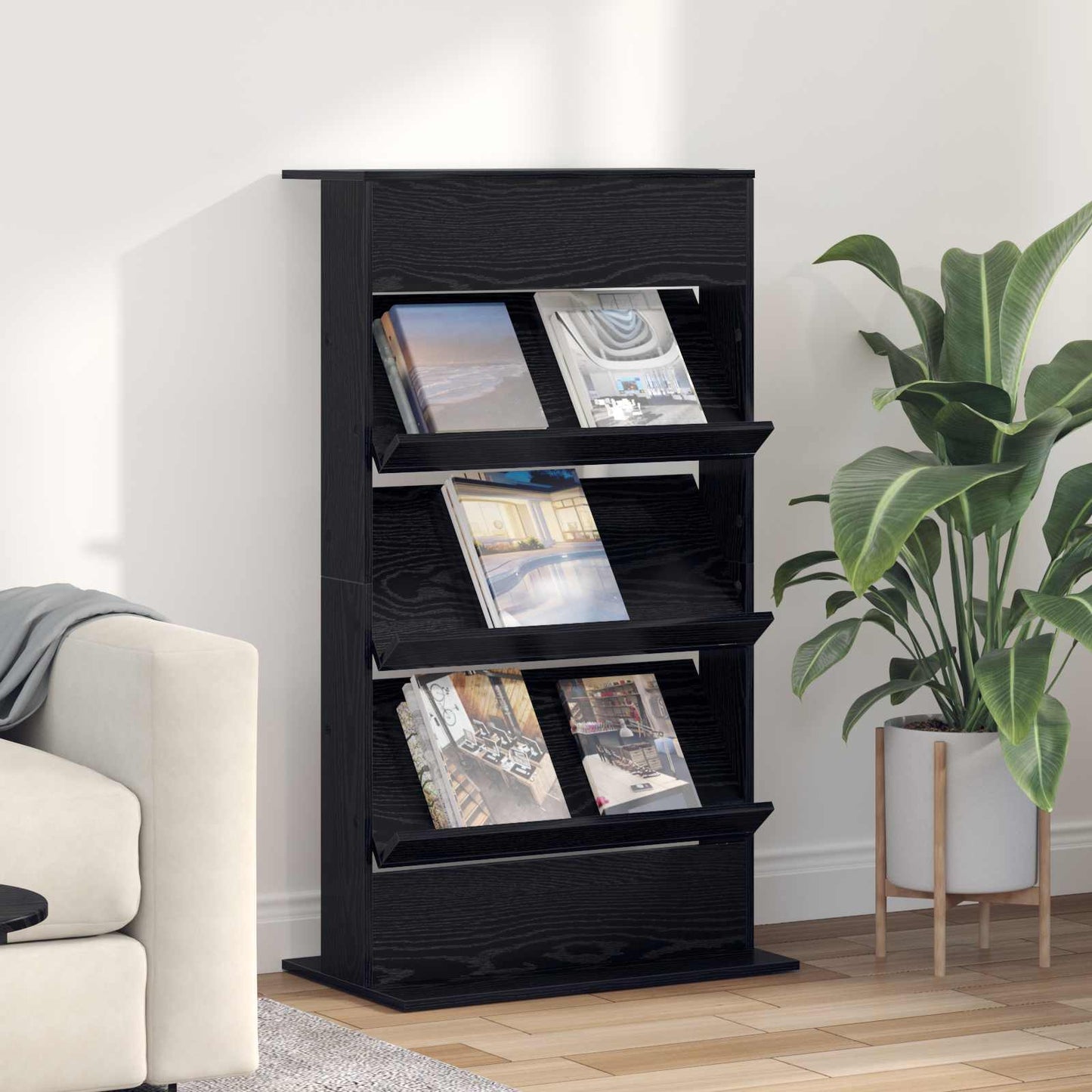 vidaXL Magazine Rack Black Oak 70 x 41 x 126 cm Engineered Wood