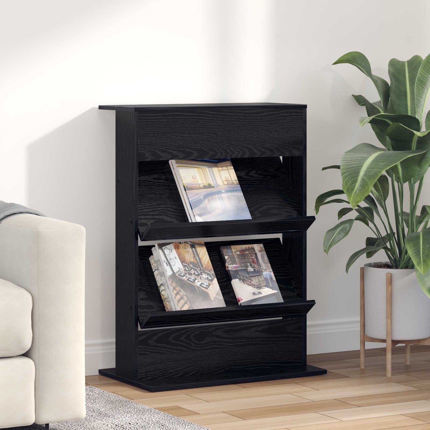 vidaXL Magazine Rack Black Oak 70 x 41 x 96 cm Engineered Wood