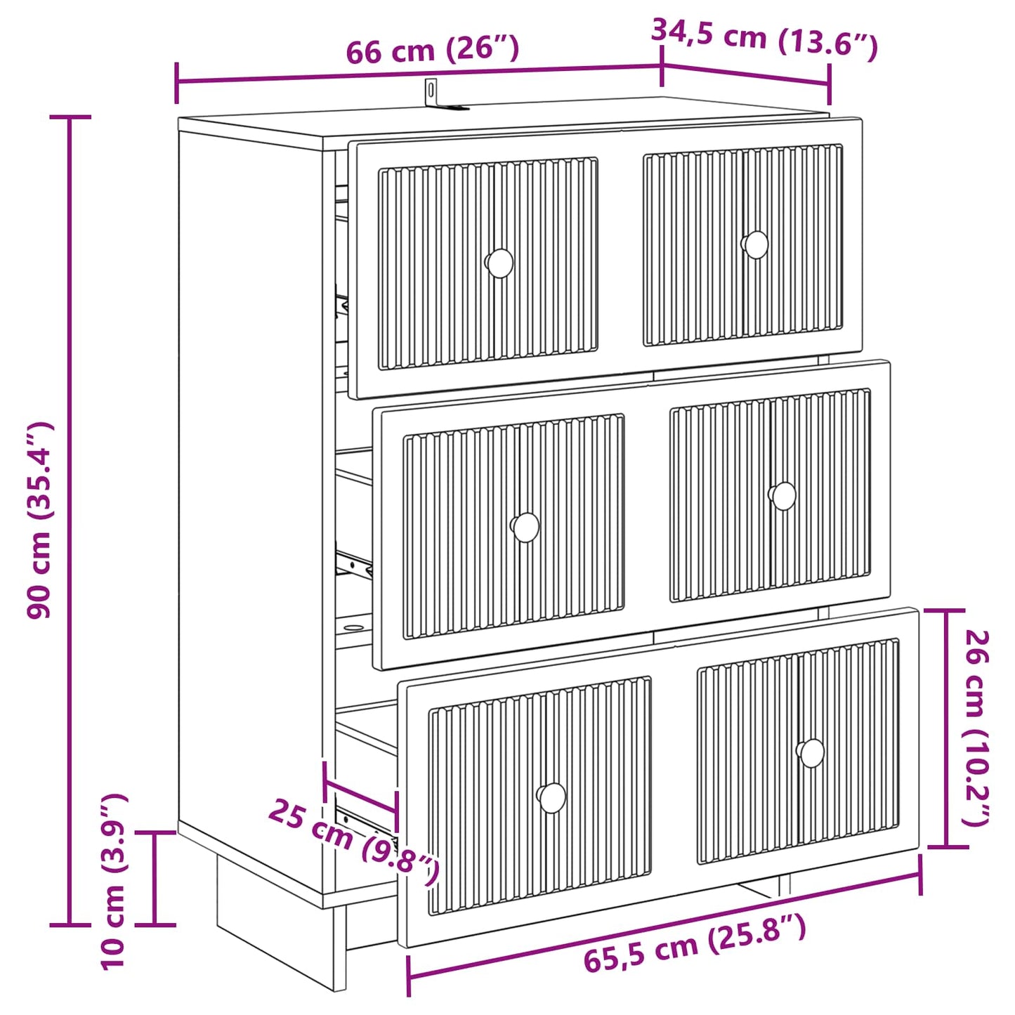 vidaXL Drawer Cabinet High Gloss White 66 x 34.5 x 90 cm