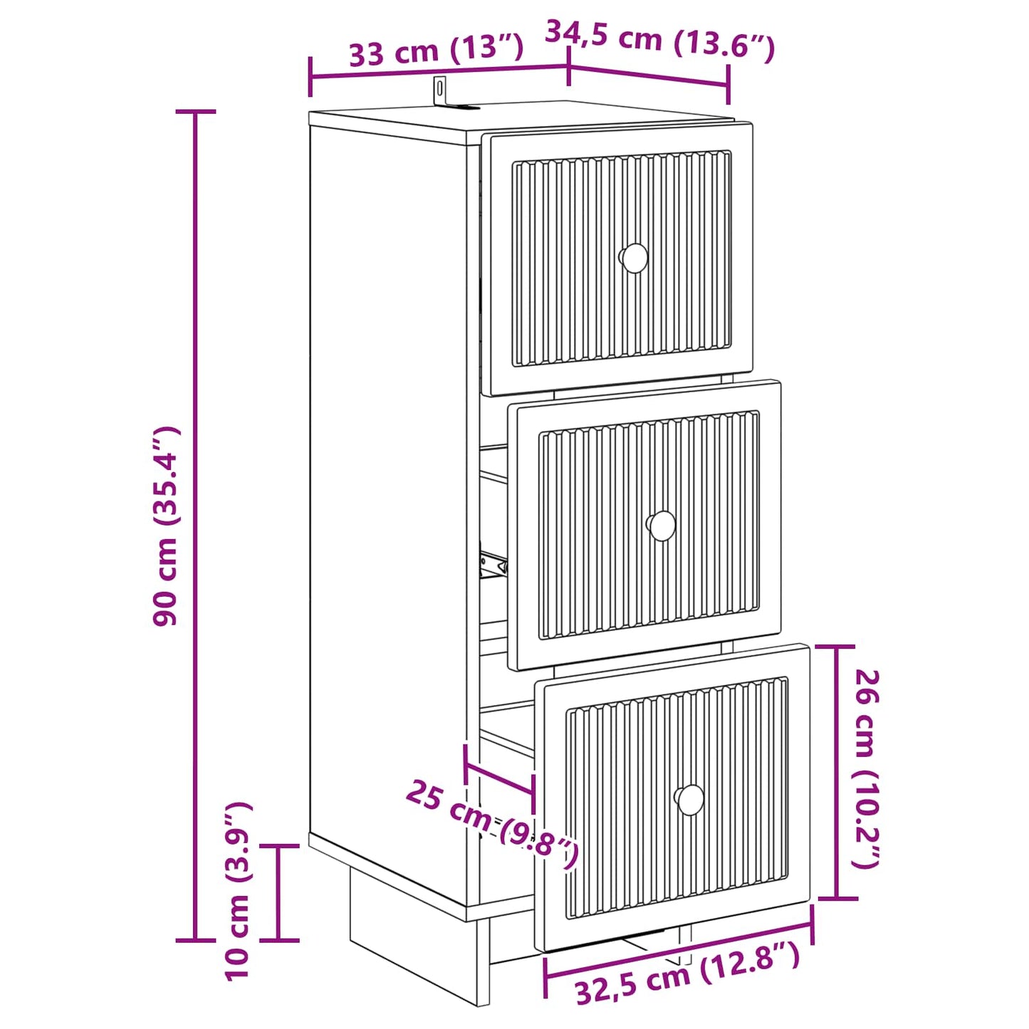 vidaXL Drawer Cabinet White 33 x 34.5 x 90 cm Engineered Wood
