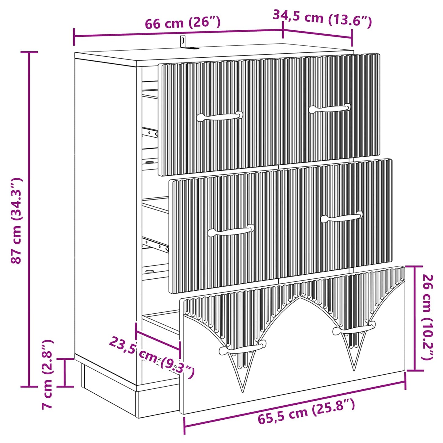 vidaXL Drawer Cabinet High Gloss White 66 x 34.5 x 87 cm