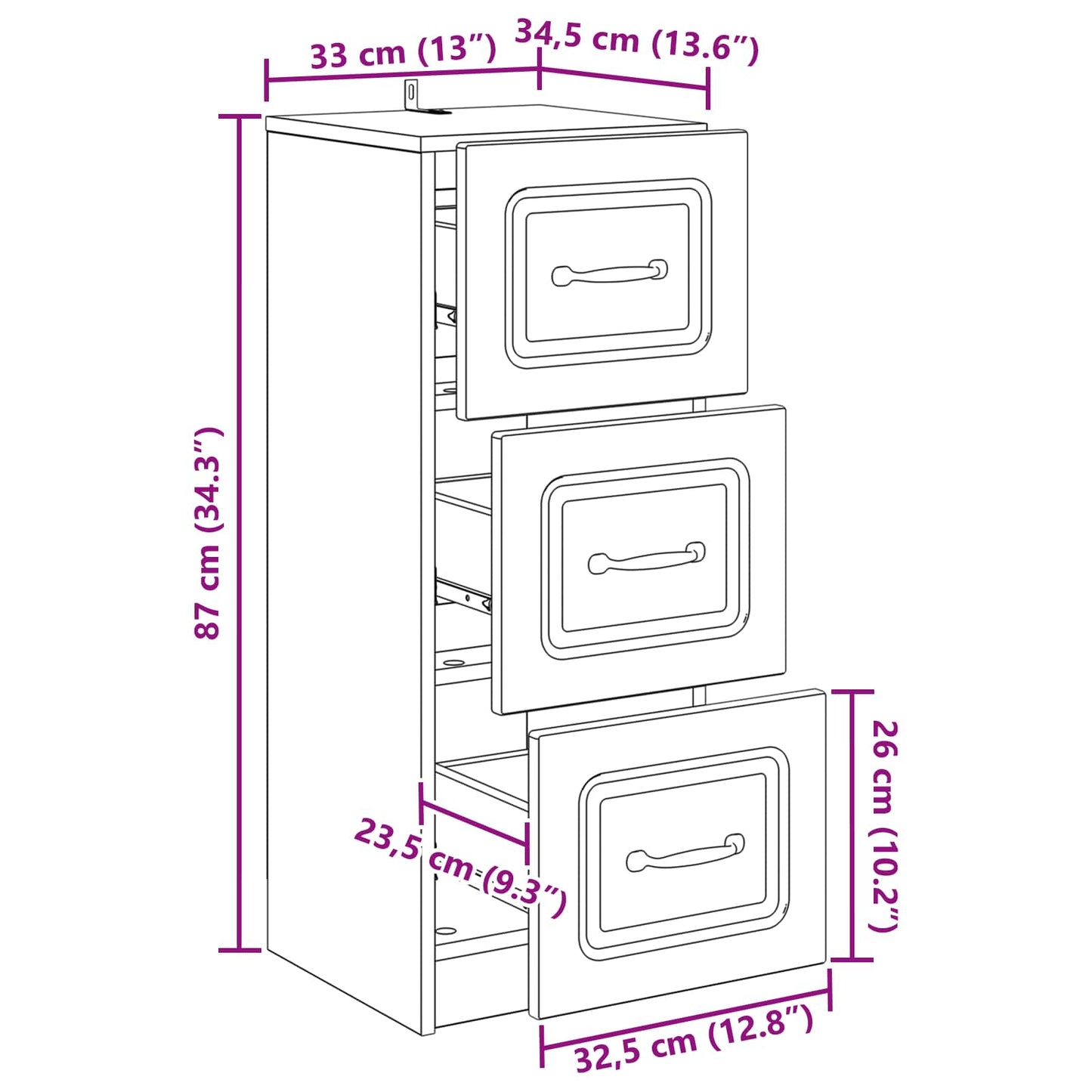 vidaXL Drawer Cabinet Concrete Grey 33 x 34.5 x 87 cm Engineered Wood