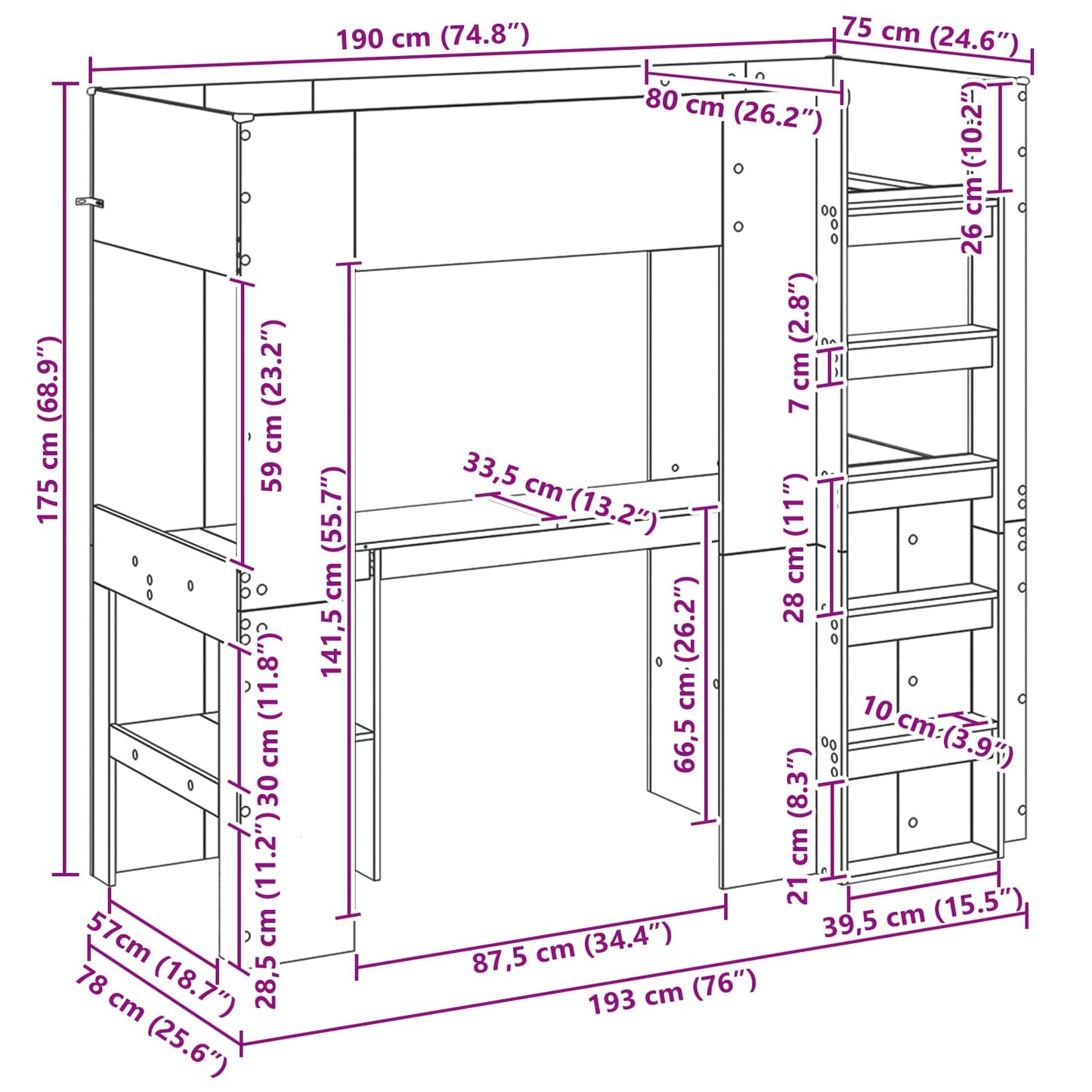 vidaXL Loft Bed Frame with Desk Sonoma Oak 75 x 190 cm Engineered Wood