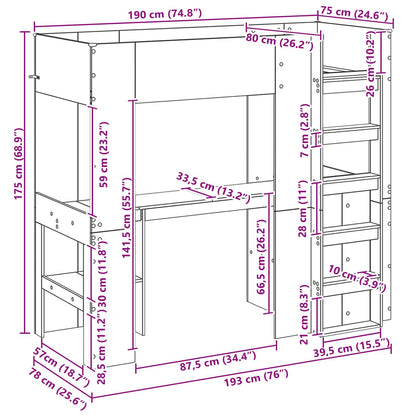 vidaXL Loft Bed Frame with Desk Sonoma Oak 75 x 190 cm Engineered Wood