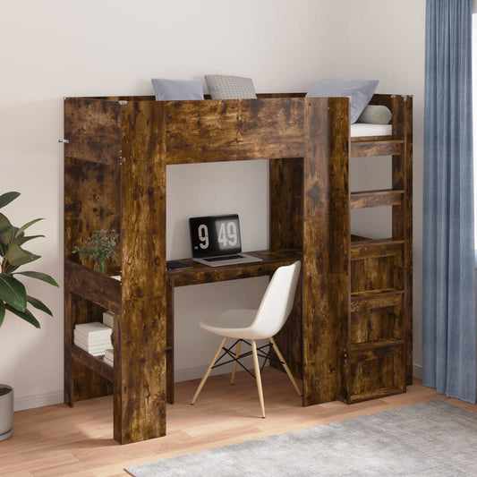 vidaXL Loft Bed Frame with Desk Smoked Oak 75 x 190 cm Engineered Wood