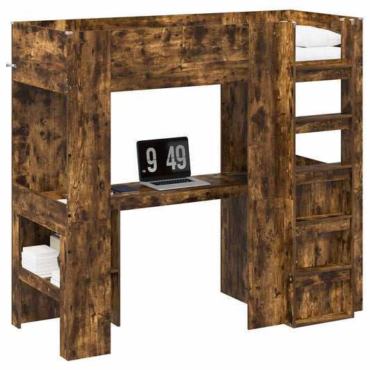 vidaXL Loft Bed Frame with Desk Smoked Oak 75 x 190 cm Engineered Wood