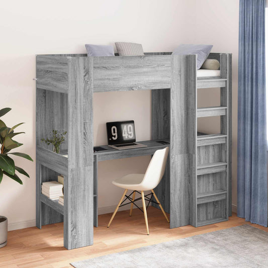 vidaXL Loft Bed Frame with Desk with Shelf Grey Sonoma 75 x 190 cm
