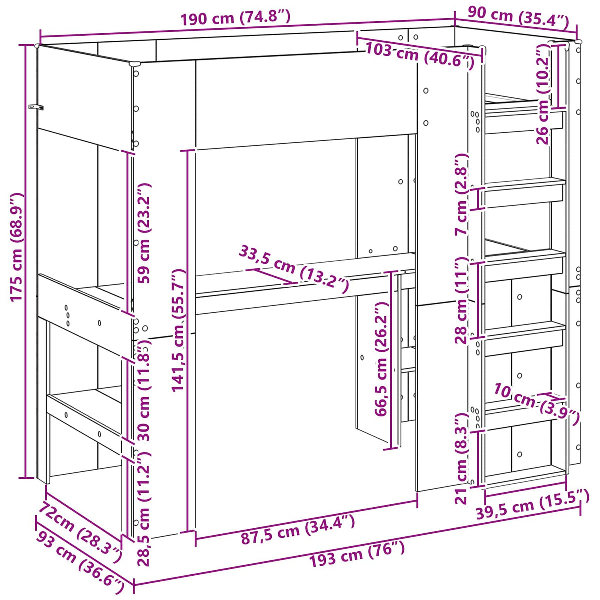 vidaXL Loft Bed Frame with Desk Black Oak 90 x 190 cm Engineered Wood
