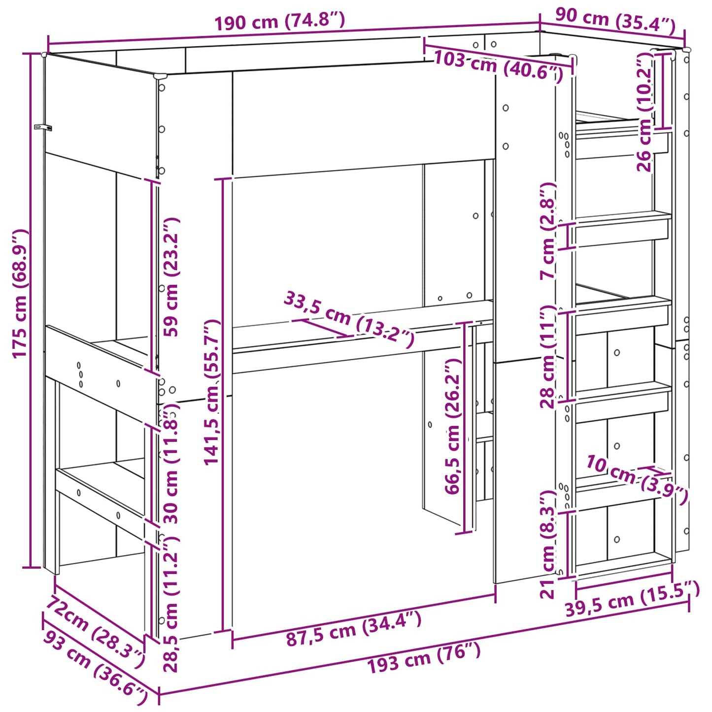 vidaXL Loft Bed Frame with Desk Sonoma Oak 90 x 190 cm Engineered Wood