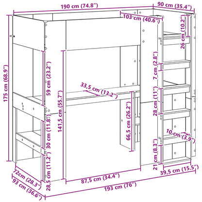 vidaXL Loft Bed Frame with Desk Sonoma Oak 90 x 190 cm Engineered Wood