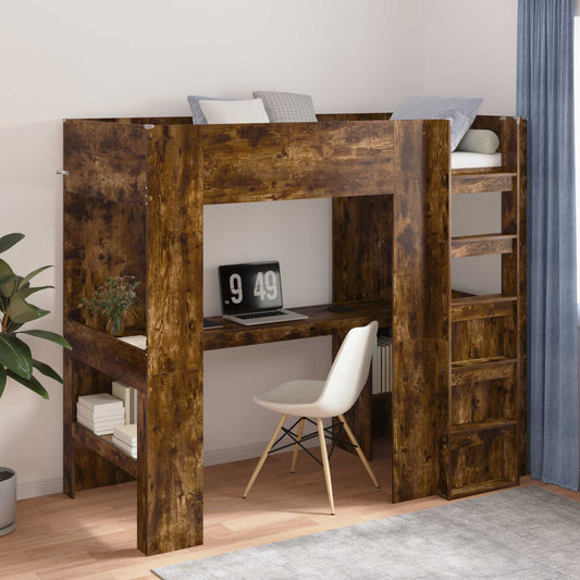 vidaXL Loft Bed Frame with Desk Smoked Oak 90 x 190 cm Engineered Wood