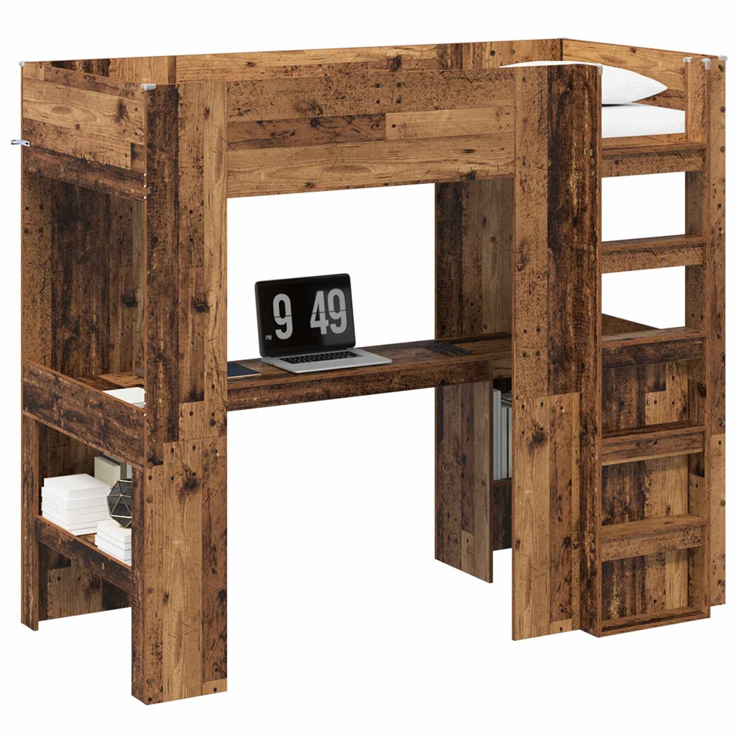 vidaXL Loft Bed Frame with Desk Old Wood 90 x 190 cm Engineered Wood